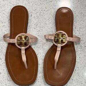 Tory Burch Pink and Brown Sandals with Signature Medallion